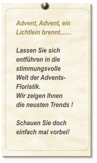 Advent, Advent, ein Lichtlein brennt.......  Lassen Sie sich entführen in die stimmungsvolle  Welt der Advents-Floristik. Wir zeigen Ihnen  die neusten Trends !  Schauen Sie doch einfach mal vorbei!