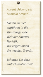 Advent, Advent, ein Lichtlein brennt.......  Lassen Sie sich entführen in die stimmungsvolle  Welt der Advents-Floristik. Wir zeigen Ihnen  die neusten Trends !  Schauen Sie doch einfach mal vorbei!